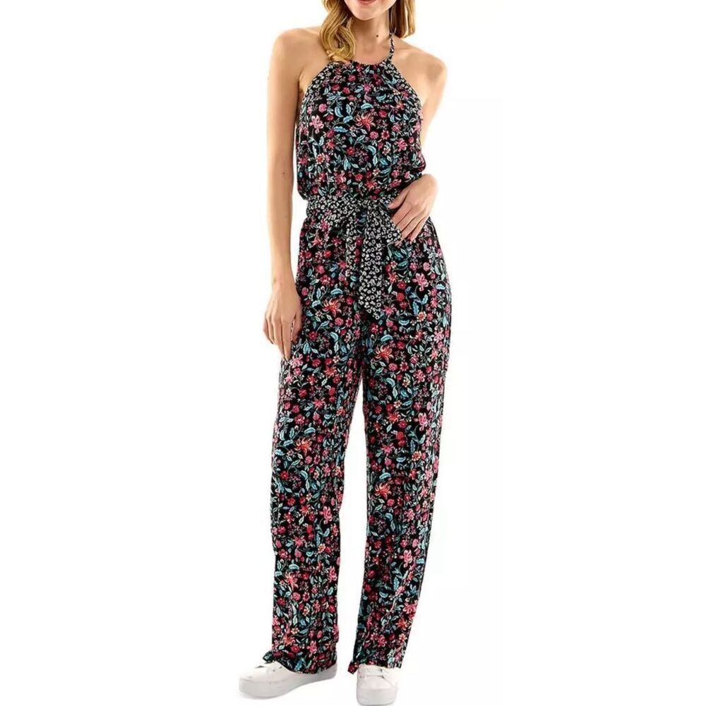 Kingston Gray Jumpsuit Size Medium Floral Print Tie Front Halter NEW